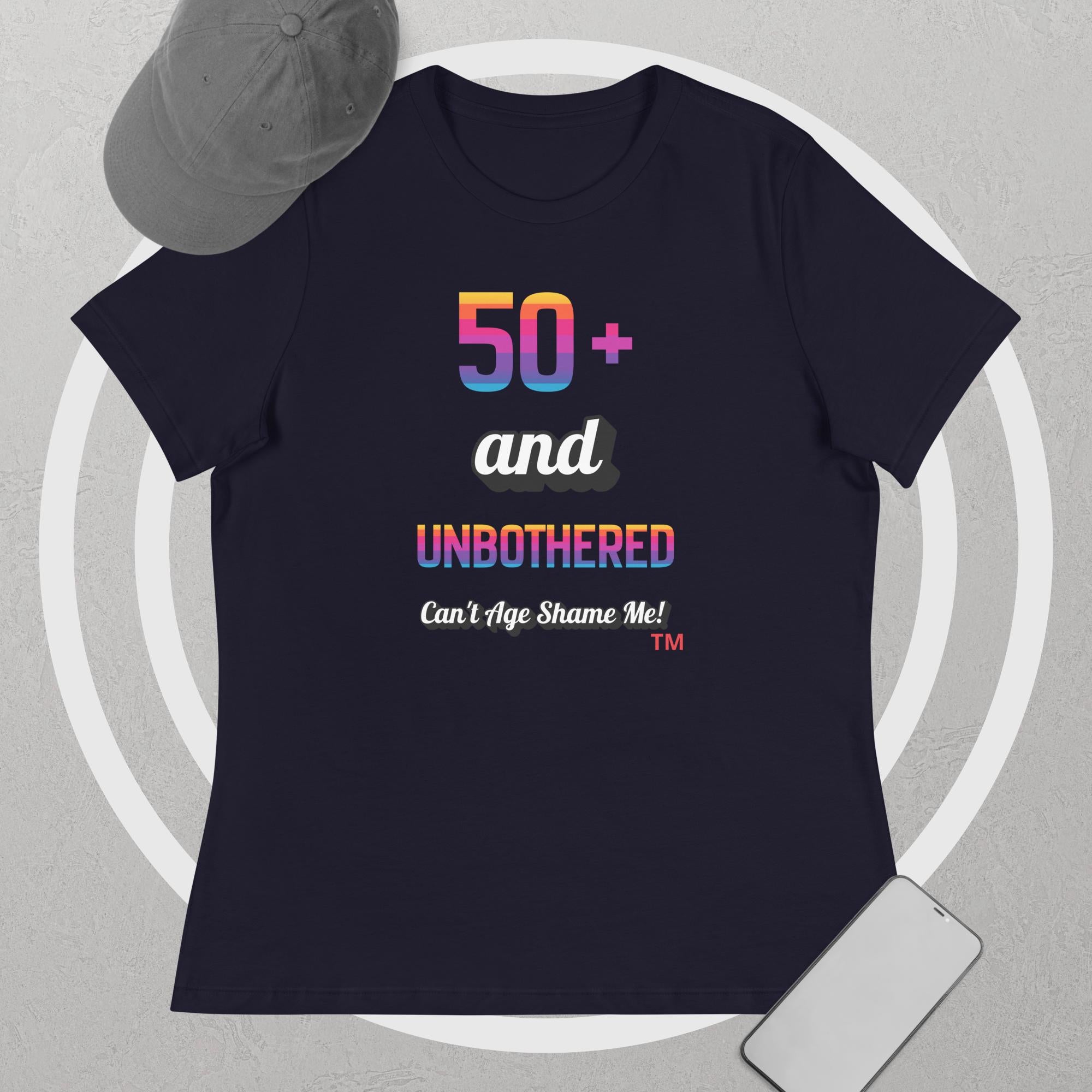 Navy  t-shirt with colorful text design on a gray background