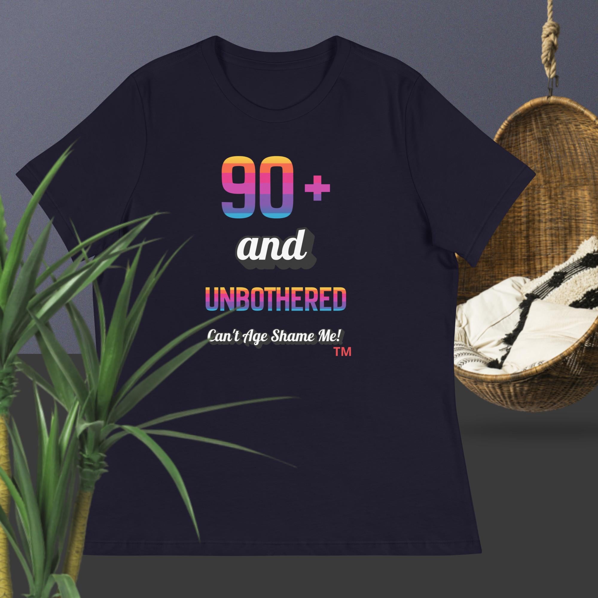 Navy blue t-shirt with colorful text design on a dark background