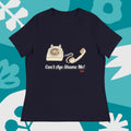 navy t-shirt with vintage phone graphic and 'Can't Age Shame Me!' text on a blue and white abstract background.