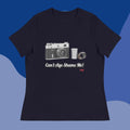 navy t-shirt with camera graphic and text 'Can't Age Shame Me!' on a blue background