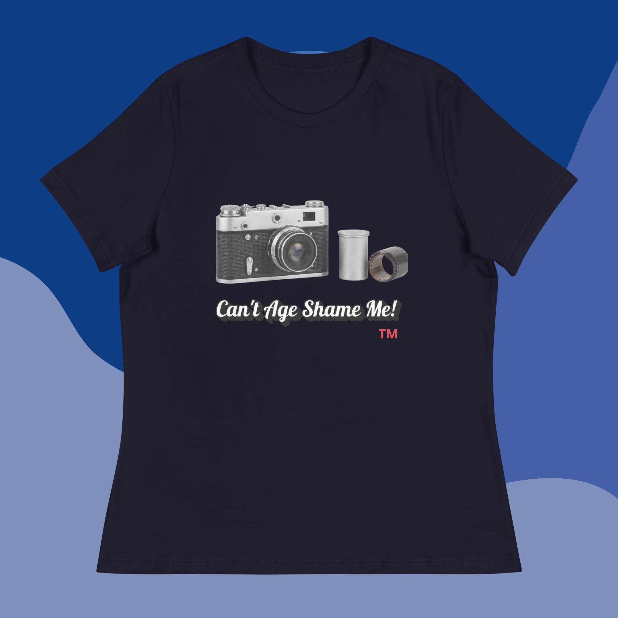 navy t-shirt with camera graphic and text 'Can't Age Shame Me!' on a blue background
