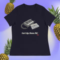 navy t-shirt with cassette tape design and text 'Can't Age Shame Me!' on a blue background with pineapples.