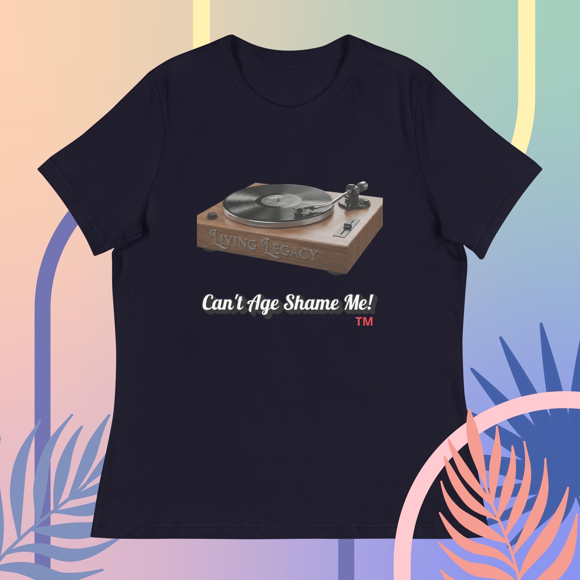 navy t-shirt with a graphic of a turntable and text 'Can't Age Shame Me!' on a colorful abstract background.