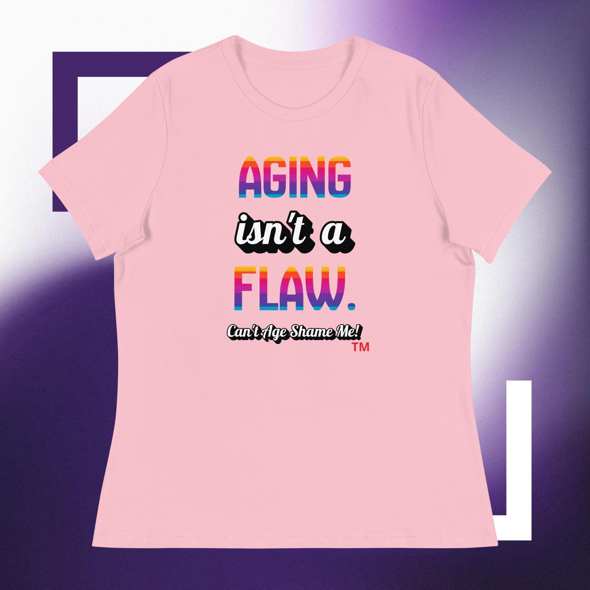Pink t-shirt with colorful text on a purple gradient background