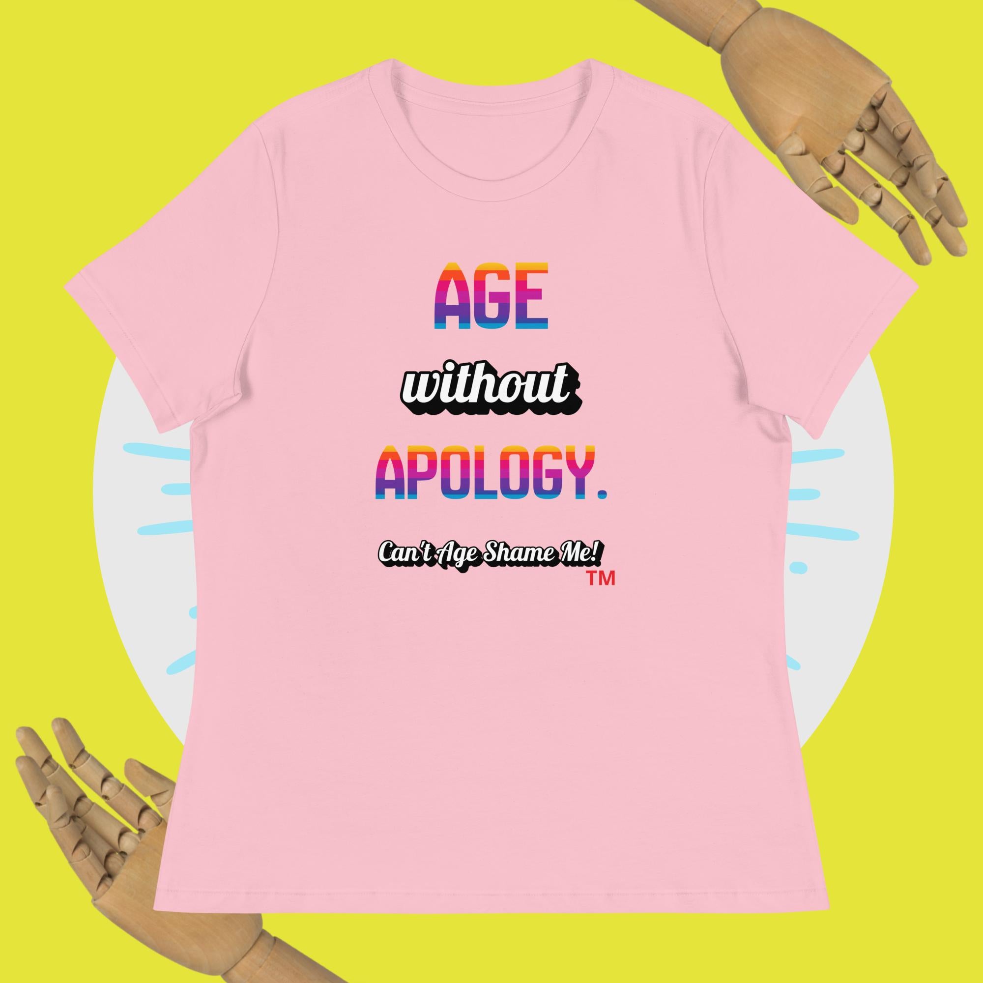 Pink t-shirt with colorful text on a yellow background