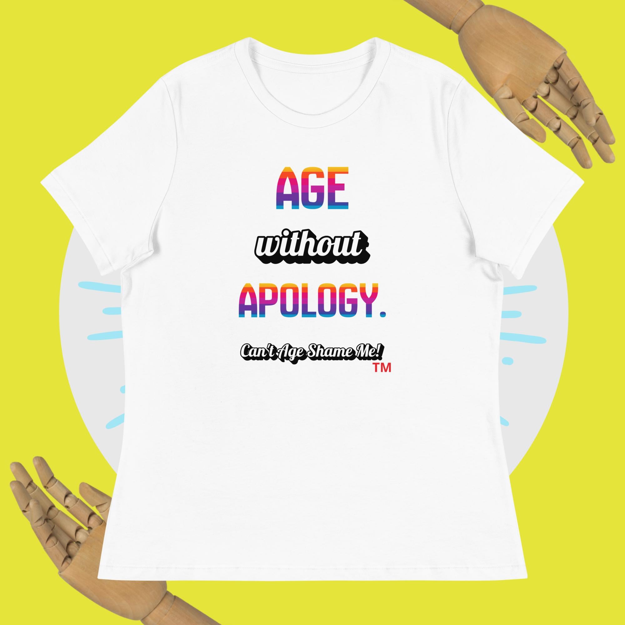 White t-shirt with colorful text on a yellow background