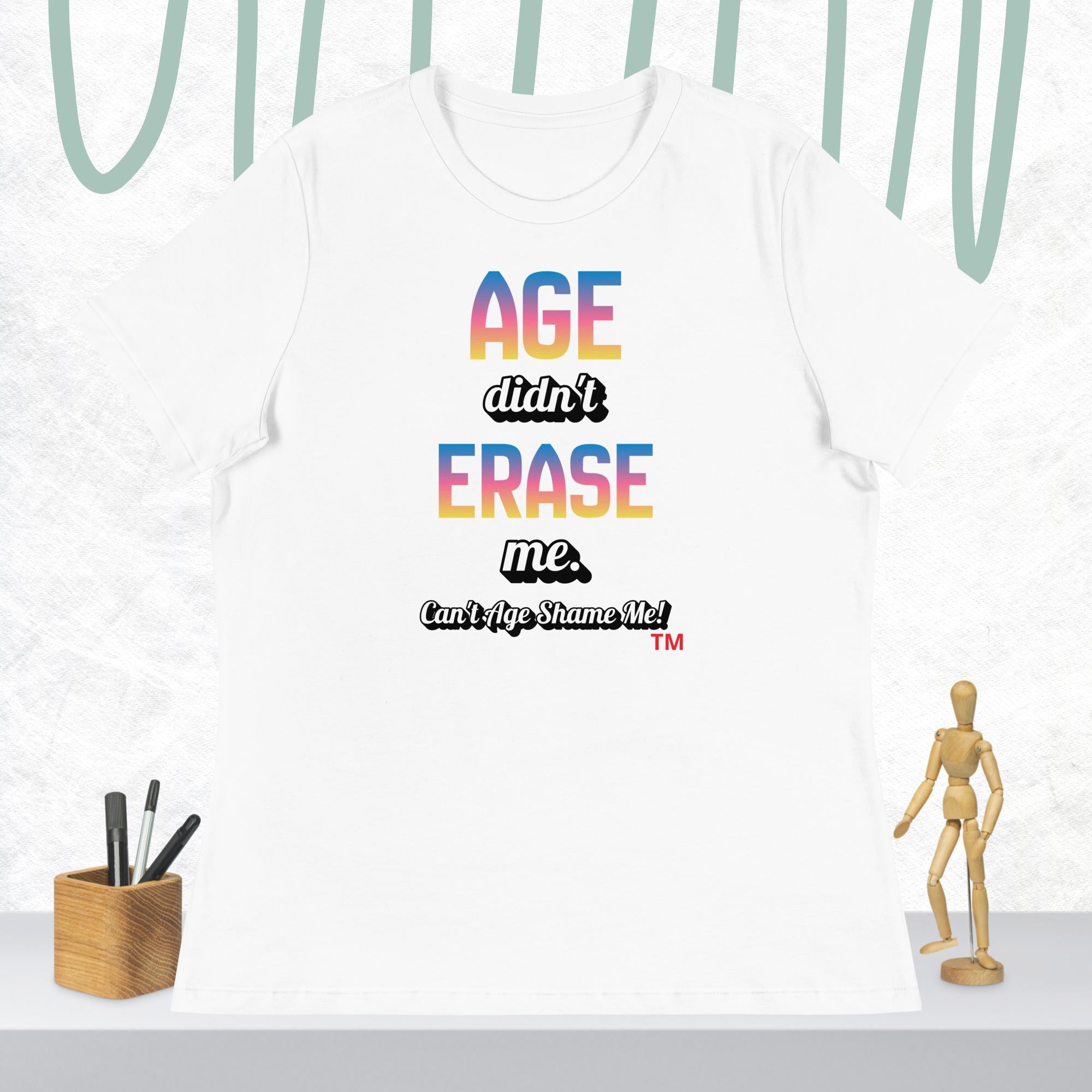 White t-shirt with colorful text on a white background