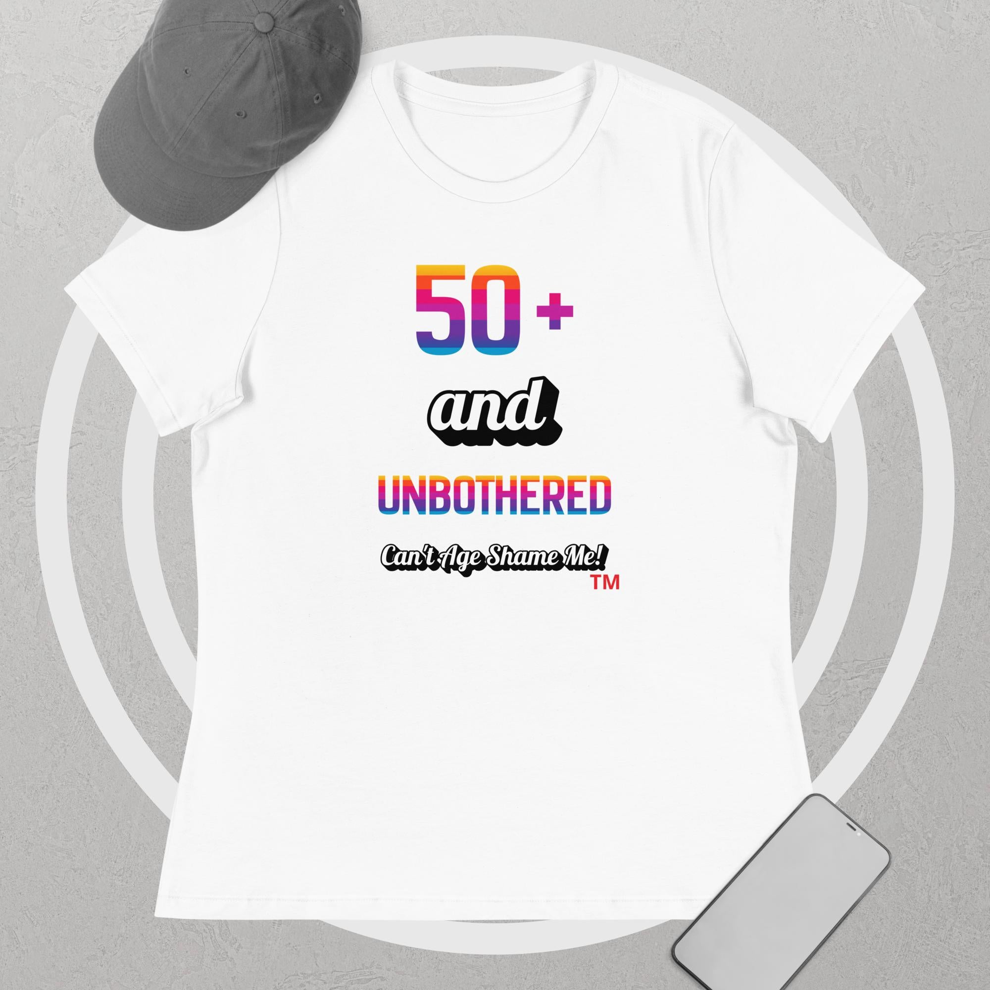 White t-shirt with colorful text design on a gray background