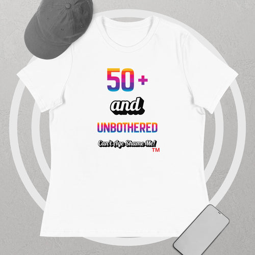 White t-shirt with colorful text design on a gray background