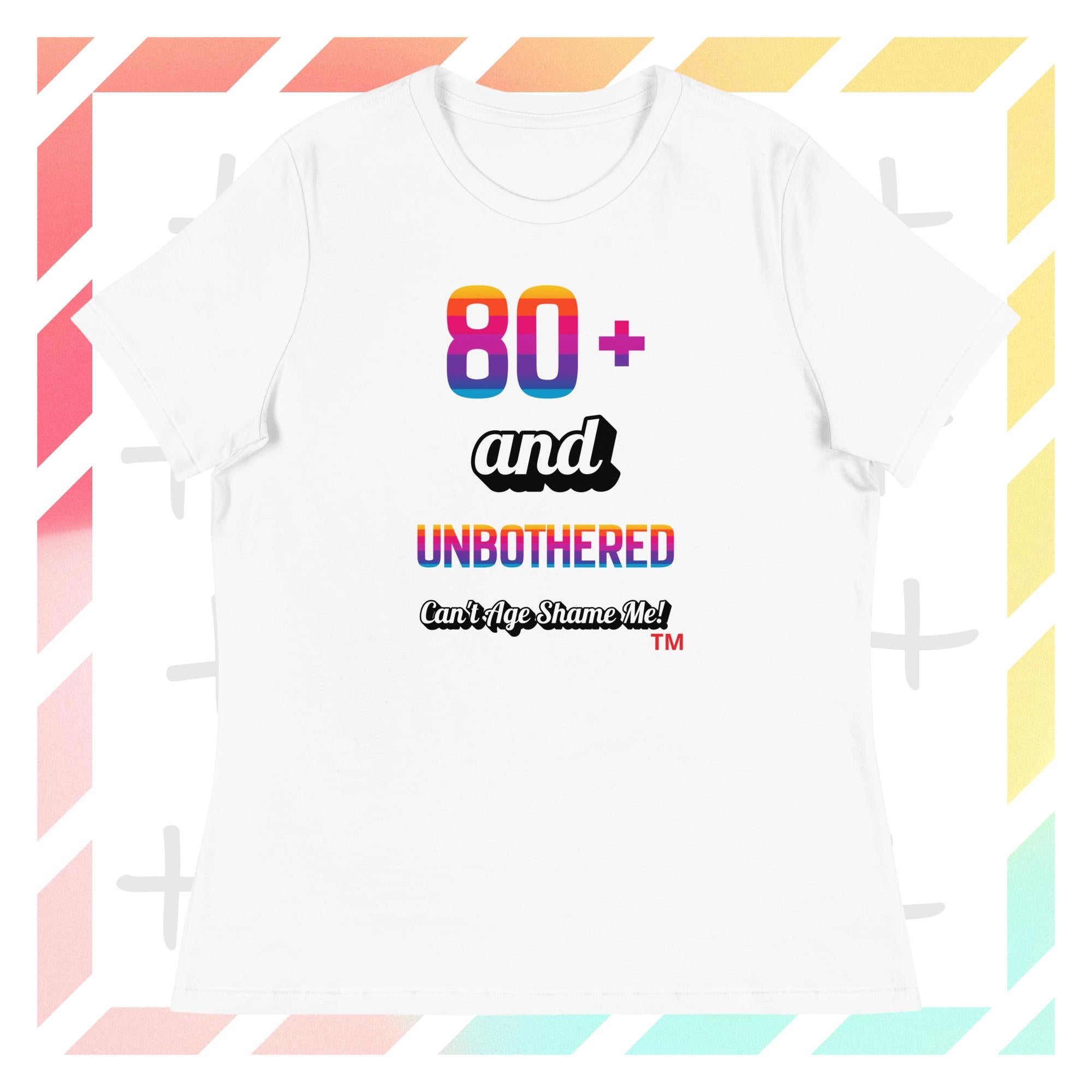 White t-shirt with colorful text design on a geometric border background