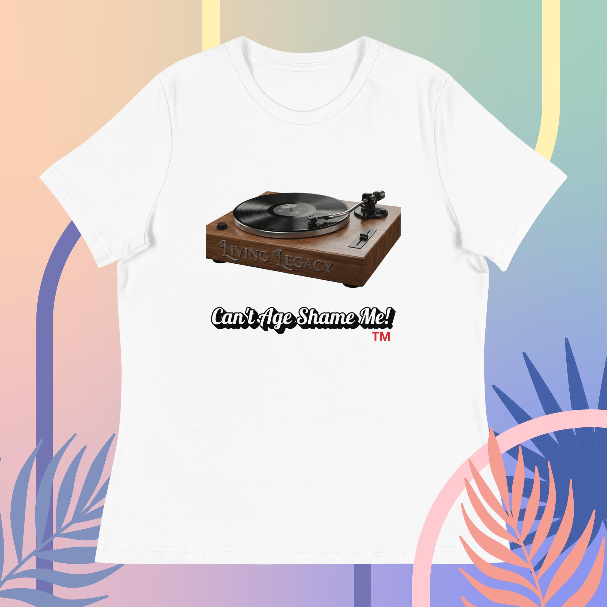 White t-shirt with a graphic of a turntable and text 'Can't Age Shame Me!' on a colorful abstract background.